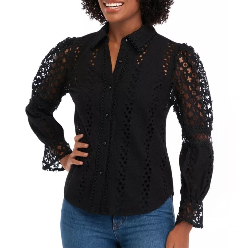 Ultra Pink Long Sleeve Button Front Eyelet Top, Black L